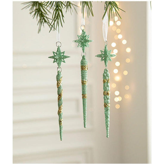 Green Glitter Icicle Christmas Ornaments with Star Tops - Set of 3 Hanging Decorations（5 set in total）