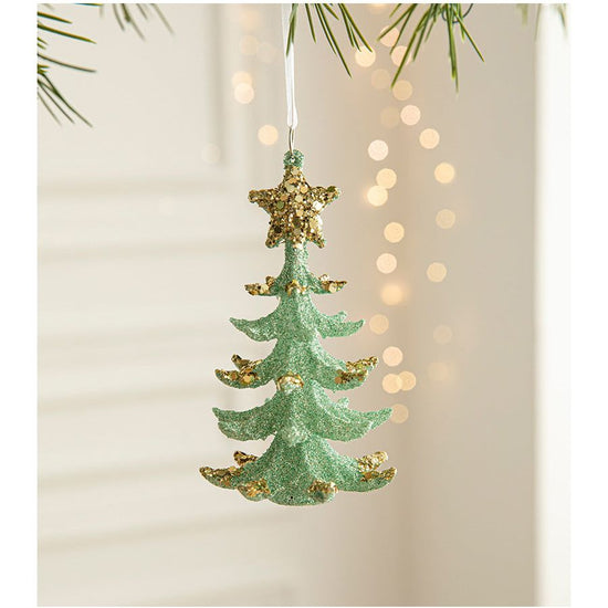 Green Glitter Christmas Tree Ornament with Gold Star Top - Hanging Festive Decoration 5 pieces