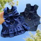 Pet Denim Harness Dress Set (2 Pieces) - M Size (42cm Chest for 5-8 lb Pets) with T-Shirt and Skirt, Bow,and Leash Ring