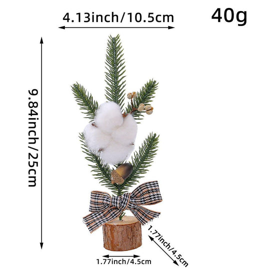 Mini Rustic Christmas Tree Decoration – 9.84 Inches Tall with Cotton and Plaid Bow Accents (4 trees)