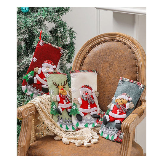 Set of 4 Christmas Stockings with Santa, Reindeer, Snowman, and Teddy Bear - Holiday Mantel Decor