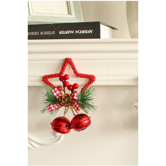 Red Star Christmas Ornament with Bells and Pinecone - Holiday Wreath Decoration 10 pieces