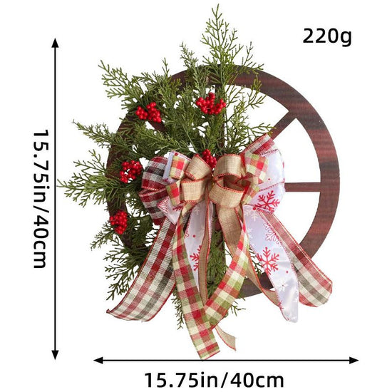 Decorative Wooden Wagon Wheel Wreath with Seasonal Flowers and Bows - Christmas Decorative Door Hanging 40CM