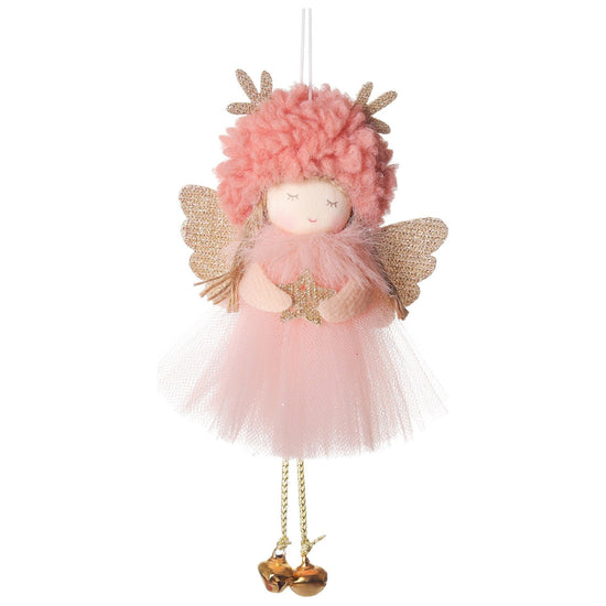 Gold and White Angel Ornament with Bells and Glitter Wings - Christmas Hanging Decoration 16*10*5cm Pink colour (5 pieces)