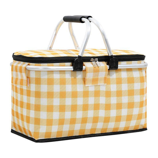 Insulated Picnic Basket with Aluminum Frame - Portable Collapsible Cooler Bag 18L 40*20*23cm(Yellow plaid)