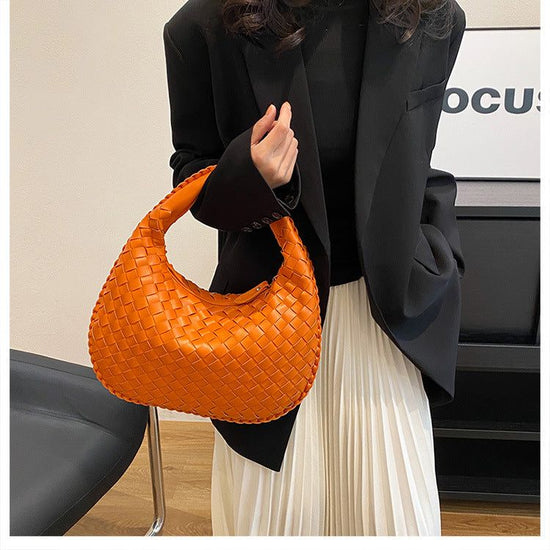 Luxury Woven Leather Hobo Bag - Elegant Shoulder Tote 34*21cm (Orange)