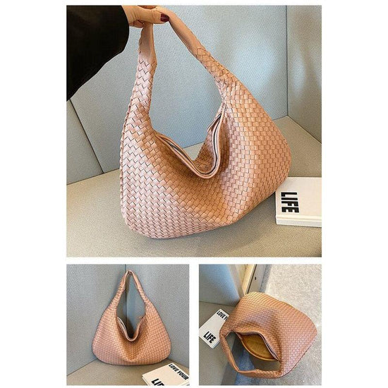 Elegant Woven Leather Hobo Bag - Soft Shoulder Tote 47*32cm (Pink)