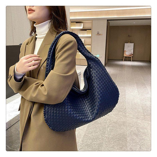 Elegant Woven Leather Hobo Bag - Soft Shoulder Tote 47*32cm (navy blue)