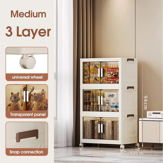 Stackable Storage Boxes with Transparent Doors - Modular Organizer for Home & Pantry 55*32*94cm (3 layer )