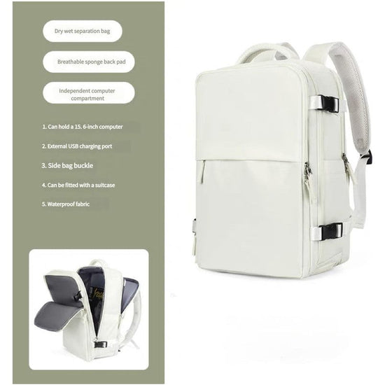 Water-Resistant Laptop Backpack with USB Charging Port and Wet-Dry Separation (Beige)