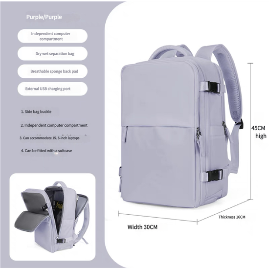 Water-Resistant Laptop Backpack with USB Charging Port and Wet-Dry Separation (Purple)