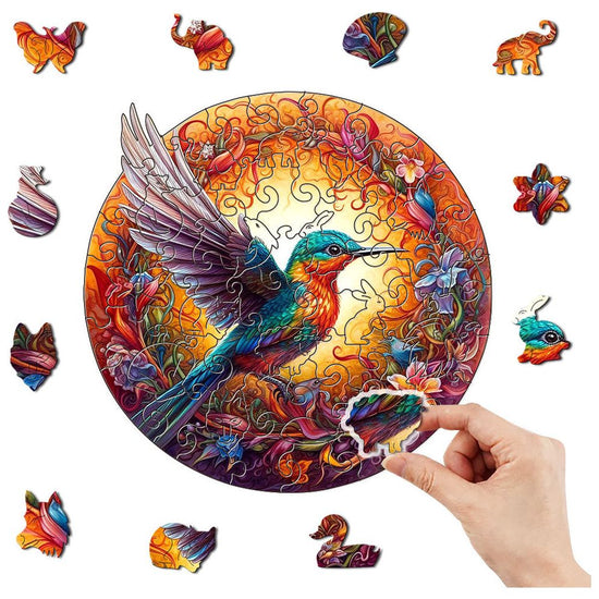 Round Hummingbird Wooden Puzzle - Vibrant Floral Design (M-paper box-H159)