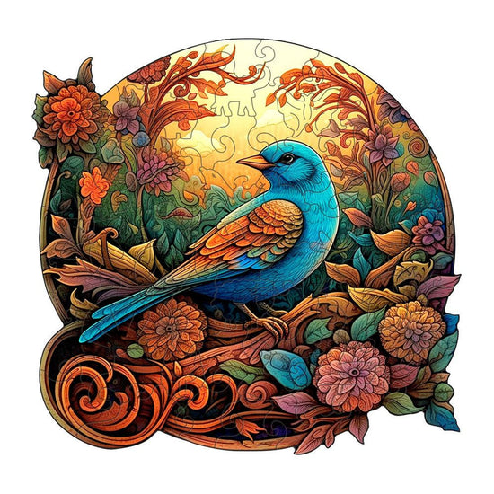 Colorful Bluebird Round Wooden Puzzle - Intricate Floral Art Design(S-paper box-H185)