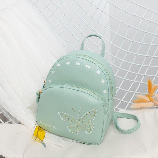 Mini Faux Leather Backpack with Butterfly Design -Light Green Cute Backpack for Girls