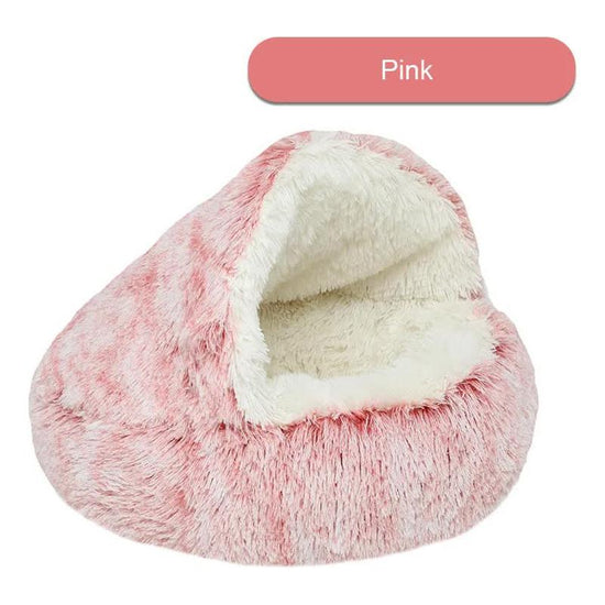 Cozy Pink Plush Hooded Pet Bed - Ultra Soft Long Fur Cave Bed for Small Pets 40cm