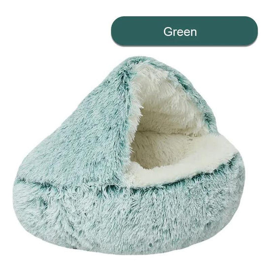 Cozy Green Plush Hooded Pet Bed - Ultra Soft Long Fur Cave Bed for Small Pets 50cm