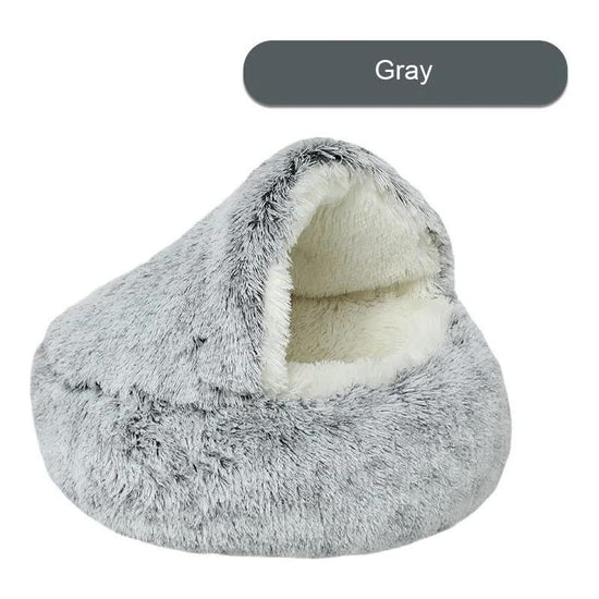 Cozy Gray Plush Hooded Pet Bed - Ultra Soft Long Fur Cave Bed for Small Pets 50cm