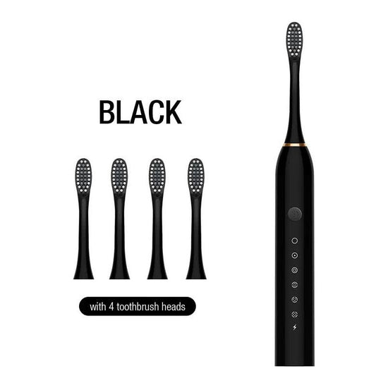 X-3 Sonic Electric Toothbrush, 4 Replacement Brush Heads, and USB Charging Cable - Sleek Black Design