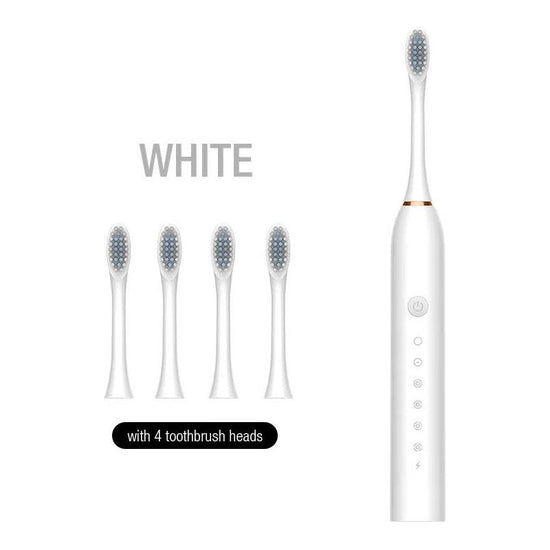 X-3 Sonic Electric Toothbrush, 4 Replacement Brush Heads, and USB Charging Cable - Sleek White Design