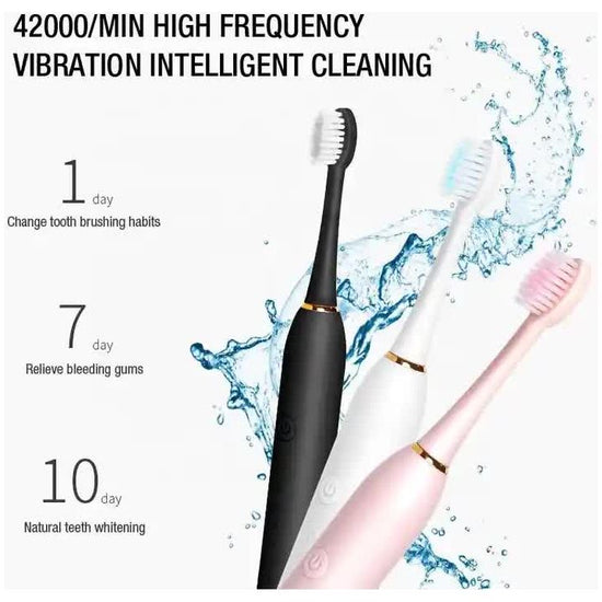 X-3 Sonic Electric Toothbrush, 4 Replacement Brush Heads, and USB Charging Cable - Sleek White Design