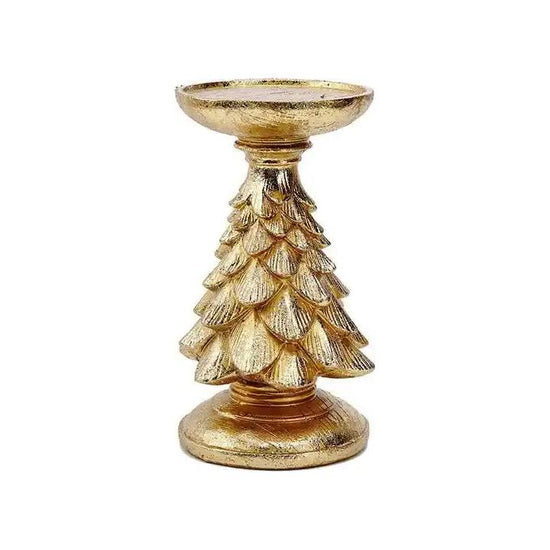 Gold Christmas Tree Candle Holder - Elegant Resin Pillar Stand, 12cm Festive Decoration