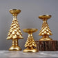 Set of 3 Gold Christmas Tree Candle Holders - Festive Resin Pillar Stands, Elegant Holiday Decor