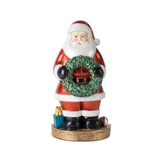 Santa Claus Figurine with Wreath - 18cm Festive Resin Christmas Decoration