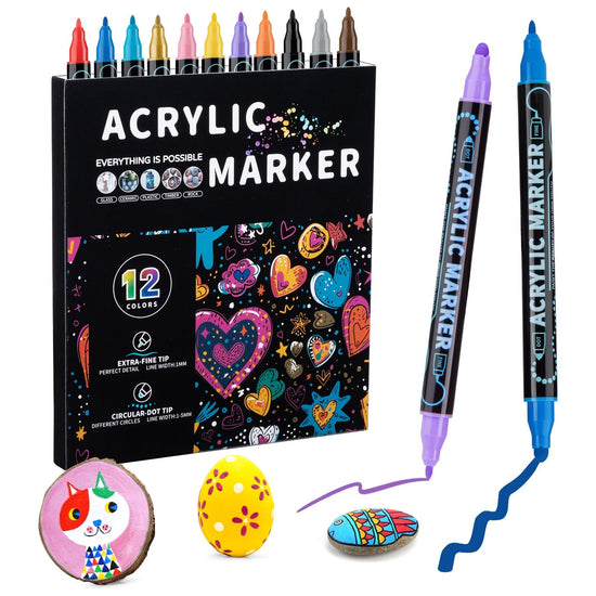 Dual-Tip Acrylic Marker Set - 1-5mm Round Tip & 1mm Fine Tip for Art and Craft Projects 12 colors