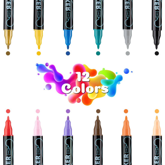 Dual-Tip Acrylic Marker Set - 1-5mm Round Tip & 1mm Fine Tip for Art and Craft Projects 12 colors