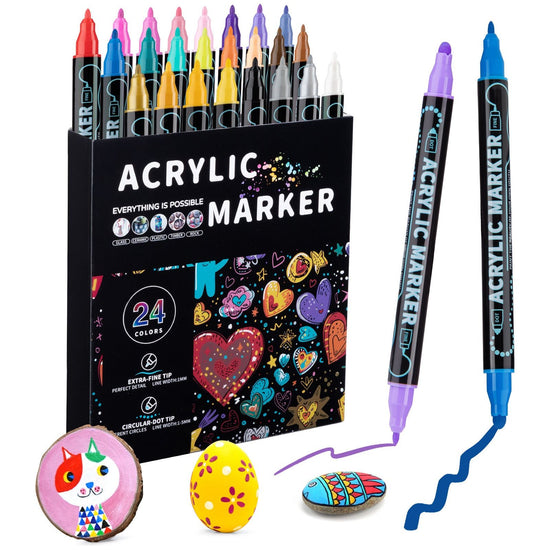 Dual-Tip Acrylic Marker Set - 1-5mm Round Tip & 1mm Fine Tip for Art and Craft Projects 24 colors