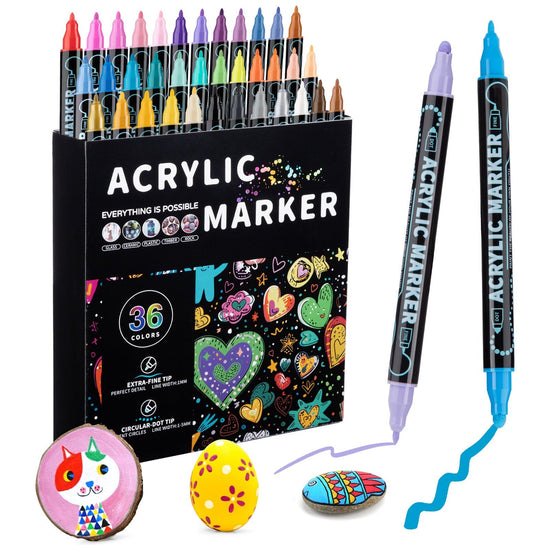 Dual-Tip Acrylic Marker Set - 1-5mm Round Tip & 1mm Fine Tip for Art and Craft Projects 36 colors