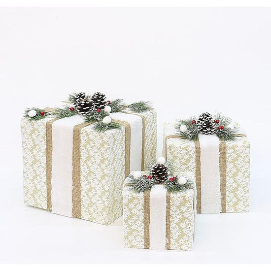 YH99032 Set of 3 Decorative Christmas Gift Boxes with Pine Cones & Berries,without lights - Holiday Decor for Indoor Display (15/20/25cm)