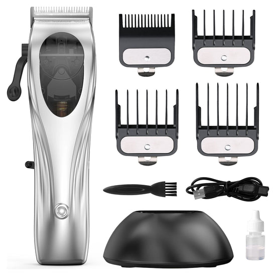 WL-1670 Silver Professional Hair Clipper Set with Adjustable Guards - USB Rechargeable Trimmer with Charging Dock