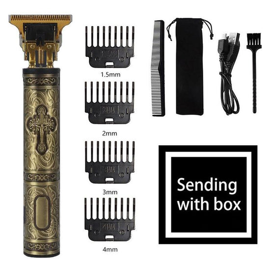 Gold Vintage-Style Cordless Hair Trimmer with Precision Attachments - Rechargeable with USB, Comb, and Storage Bag