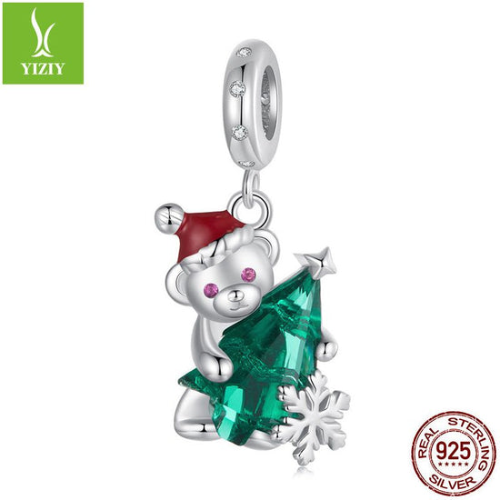 Sterling Silver Santa Bear Pendant - Holiday Pendant with Green Christmas Tree and Santa Hat Design