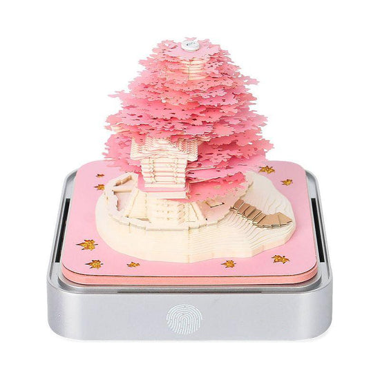 Pink Tree House 3D Paper Sculpture Night Light with Notepad, Silver Base - Elegant Gift Set for Home and Office