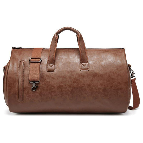 Brown PU Leather Travel Duffel Bag - Large Capacity Waterproof Suit Bag with Shoe Compartment