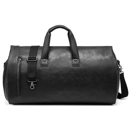 Black PU Leather Travel Duffel Bag - Large Capacity Waterproof Suit Bag with Shoe Compartment
