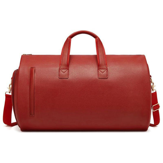 Red PU Leather Travel Duffel Bag - Large Capacity Waterproof Suit Bag with Shoe Compartment