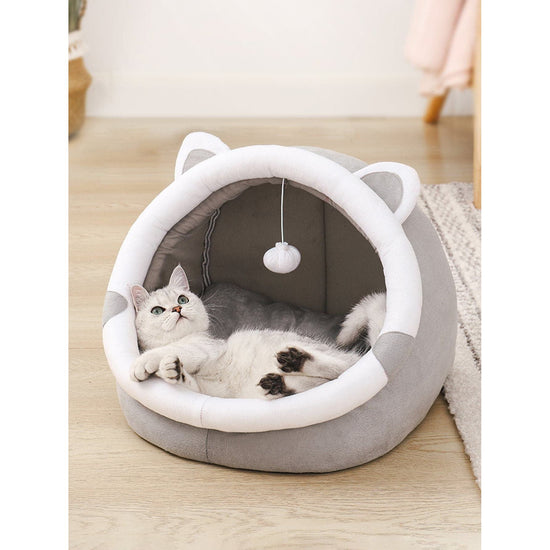 Gray Half-Enclosed Cat Bed - Soft Short Velvet Fabric with Sponge + PP Cotton Filling, M Size (35x35x30cm)