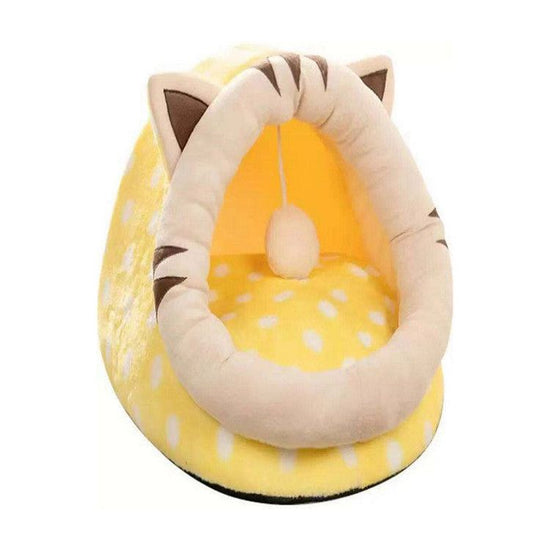 Yellow Half-Enclosed Cat Bed - Soft Short Velvet Fabric with Sponge + PP Cotton Filling, M Size (35x35x30cm)