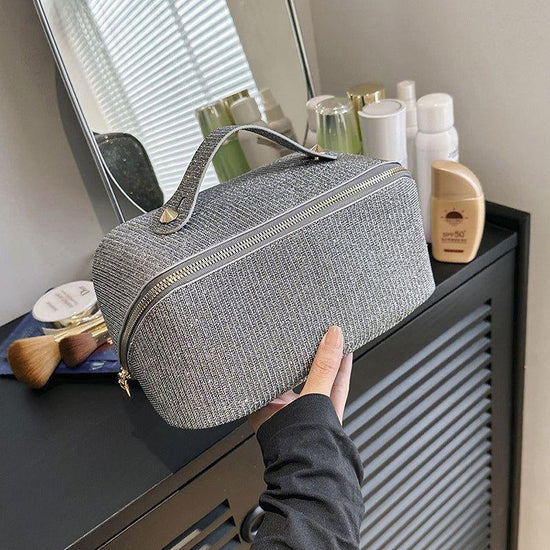 Gray Shiny Large Capacity Makeup Bag - Multi-Function Travel Toiletry Organizer, Handheld Cosmetic Storage Bag