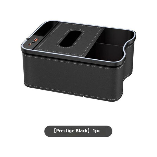 Black Car Armrest Storage Box with LED Ambient Light - Multifunctional Tissue Holder & Organizer for Car Interior