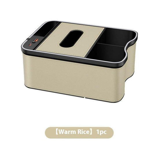 Warm Rice Car Armrest Storage Box with LED Ambient Light - Multifunctional Tissue Holder & Organizer for Car Interior