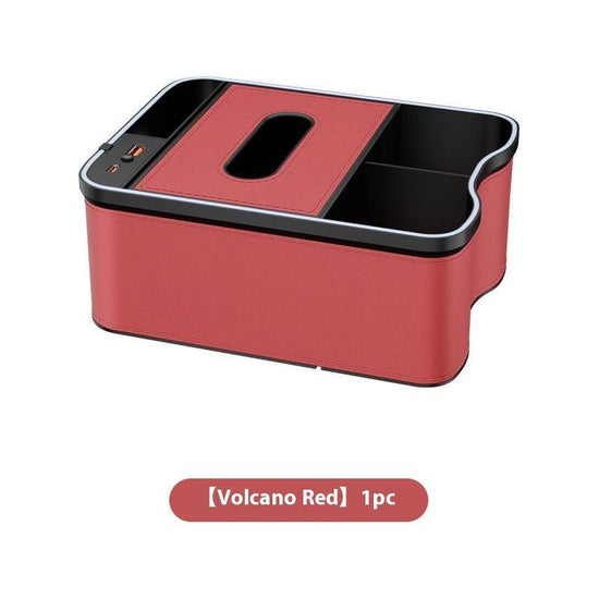 Volcano Red Car Armrest Storage Box with LED Ambient Light - Multifunctional Tissue Holder & Organizer for Car Interior