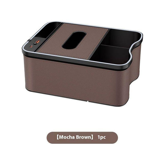 Mocha Brown Car Armrest Storage Box with LED Ambient Light - Multifunctional Tissue Holder & Organizer for Car Interior