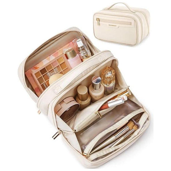 Beige Travel Makeup Organizer - Portable Cosmetic Storage Box for Toiletries and Cosmetics