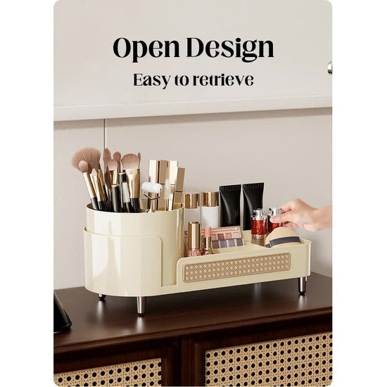 Brown Cosmetic Organizer - Rotating Desktop Makeup Brush Holder with Large Capacity Storage