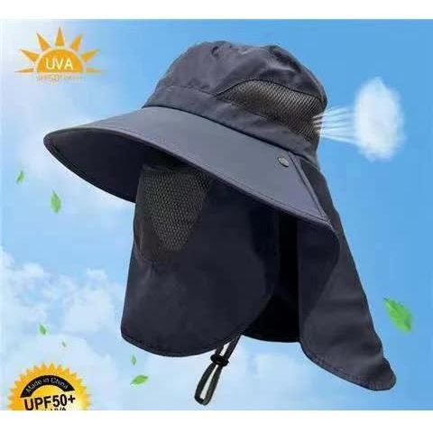 Navy Blue Outdoor UV Protection Hat for Men - Detachable Face & Neck Shield, Large Brim Sun Hat for Fishing, Hiking, and Outdoor Activities