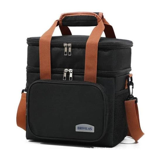 Black Large Capacity Lunch Bag - Dual-Layer Insulated Cooler Bag for Outdoor, Picnic, and Work Use